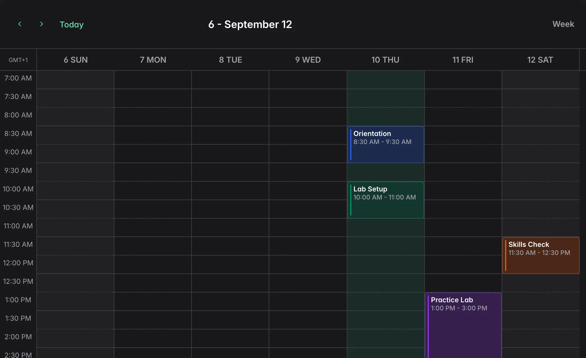 The React Scheduler in its week view, with events across a seven-day time grid and the current day highlighted
