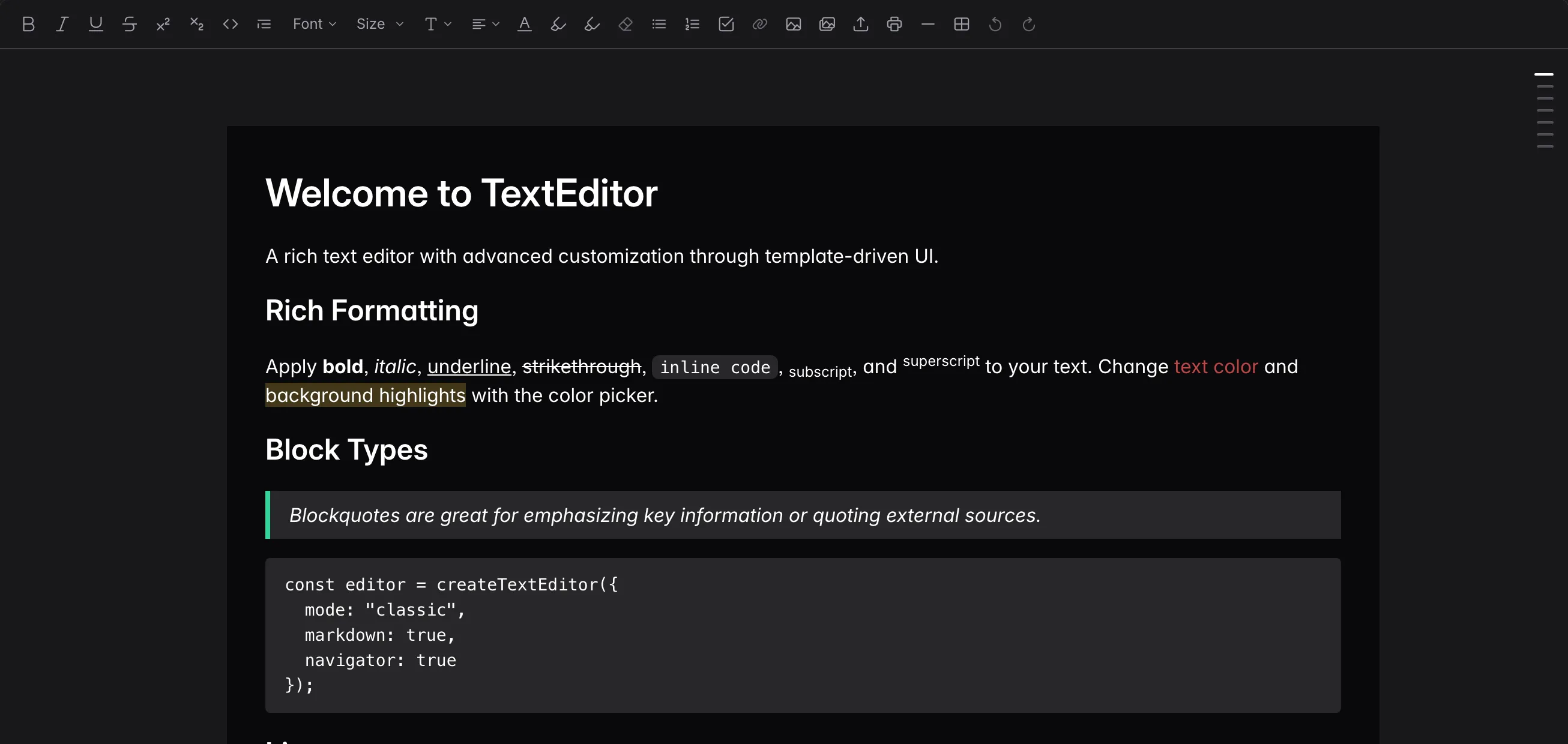The React TextEditor with a formatting toolbar above a document showing headings, inline styles, a blockquote and a code block
